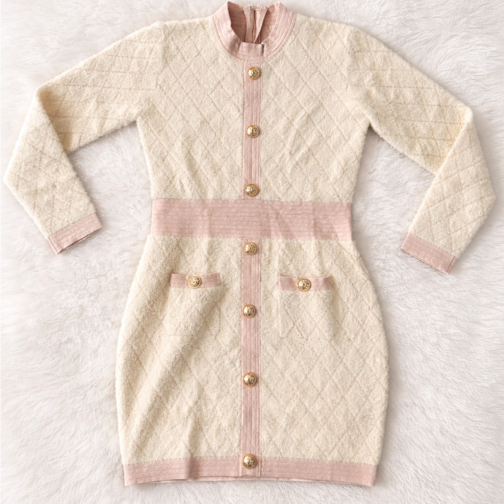 L'ATISTE Large Cream and Pink Long Sleeve Dress NWT